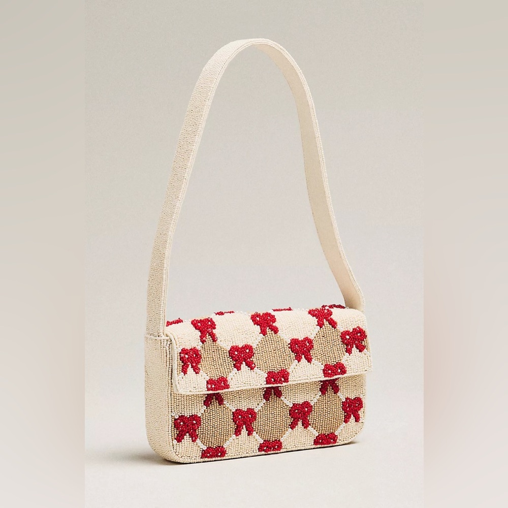 NEW Anthropologie Fiona Maeve Beaded Red Bows on Checker pattern bag small